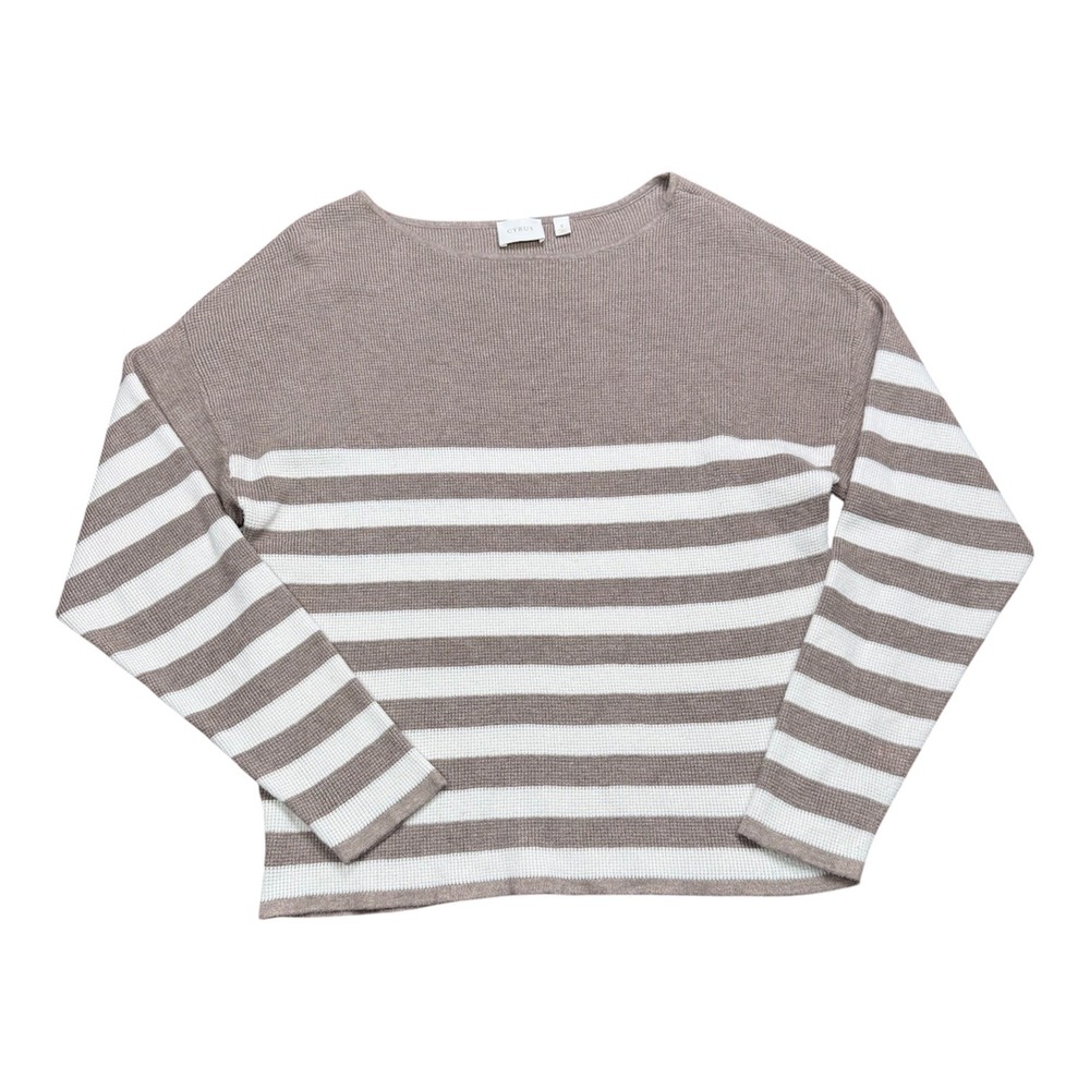 Cyrus Womens Striped Boat Neck Knit Sweater Taupe White Size S